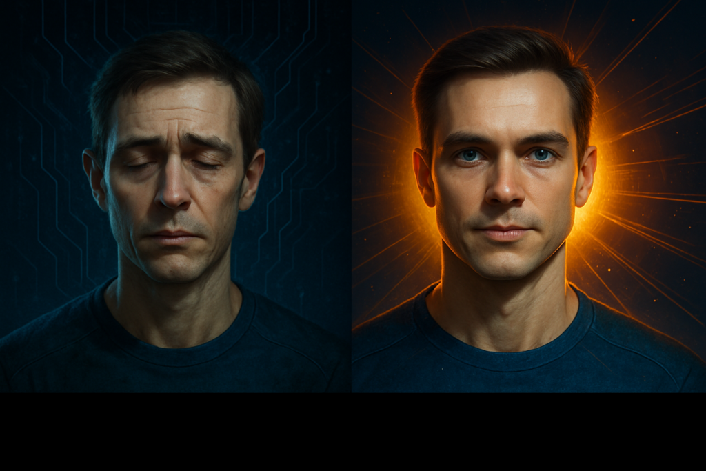 Side-by-side image showing a man's transformation from tired to vibrant, symbolizing NAD therapy before and after effects.