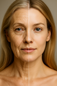 Split portrait of woman showing NAD before and after effects—left aged face and neck, right youthful smooth skin and hair