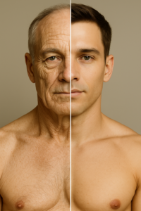 Split portrait of man showing NAD before and after effect—left aged face and neck, right youthful smooth skin and hair