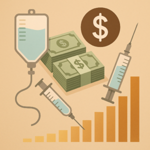 Illustration of NAD+ therapy cost concept with IV bag, syringes, dollar bills, and rising bar chart