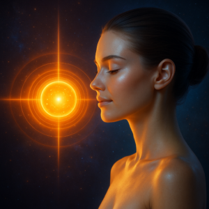 Futuristic digital artwork of a glowing, youthful woman with radiant skin and closed eyes, illuminated by a vibrant golden orb symbolizing cellular rejuvenation and the anti-aging benefits of NAD+ for looking younger.