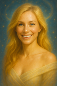 Radiant middle-aged woman with glowing skin and golden hair symbolizing NAD+ benefits for women’s health and vitality