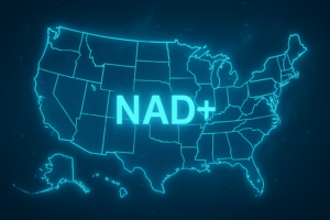 Futuristic glowing map of the US highlighting nationwide availability of NAD+ injections near me in all 50 states.