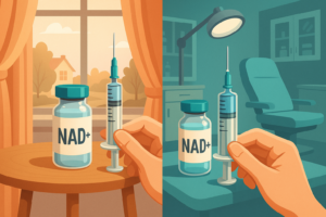 Split image showing NAD+ injections at home and in a clinic, illustrating options for NAD injections near me with vibrant detail.