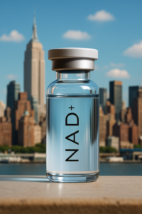 An NAD injection NYC showing vial with NYC skyline in background, representing NAD therapy availability and wellness clinics in New York City.