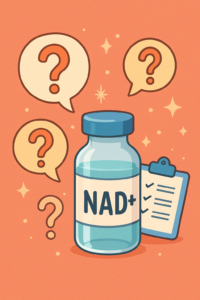 NAD+ vial with question bubbles and checklist, symbolizing FAQs about NAD injections in a fun, whimsical cartoon style.