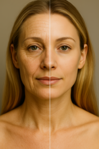 Split-face image showing before and after effects of NAD shots near me, highlighting younger skin, more energy, improved cognition.