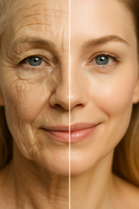 Split image showing NAD+ skin care results with aged, wrinkled skin on the left and youthful, smooth skin on the right.