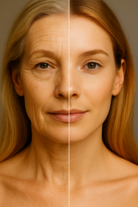 Split-face image showing before and after skin aging effects, representing NAD+ skincare benefits for youthful, radiant skin.