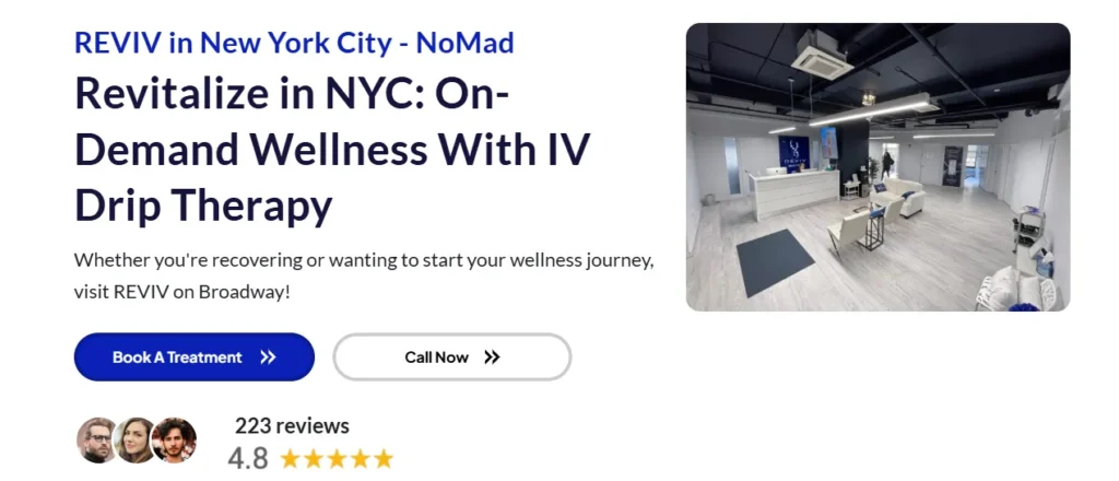 Homepage of Reviv - showing their clean and professional interior - as a local NAD+ clinic in NYC.