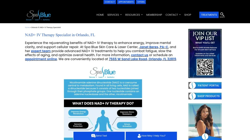 Spa Blue homepage for NAD+ IV therapy.