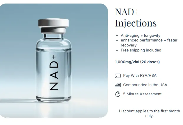 A vial of NAD+ injections, a type of NAD+ therapy from Enovone.