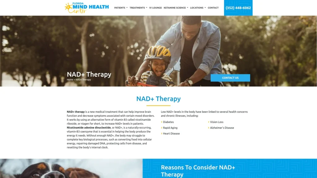 Homepage for NAD+ therapy with Florida Mind Health.