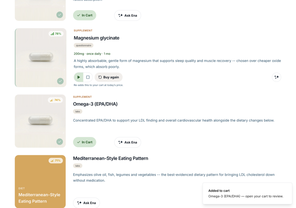Adding recommendations to your cart and checking out — Enovone patient app screenshot 2