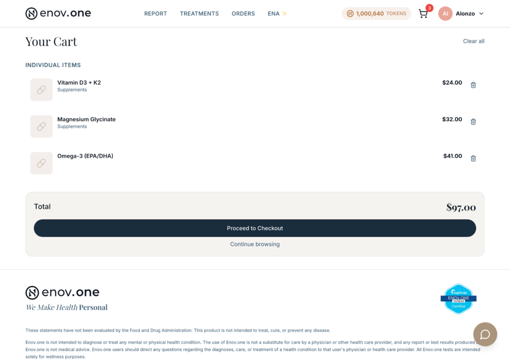 Adding recommendations to your cart and checking out — Enovone patient app screenshot 3