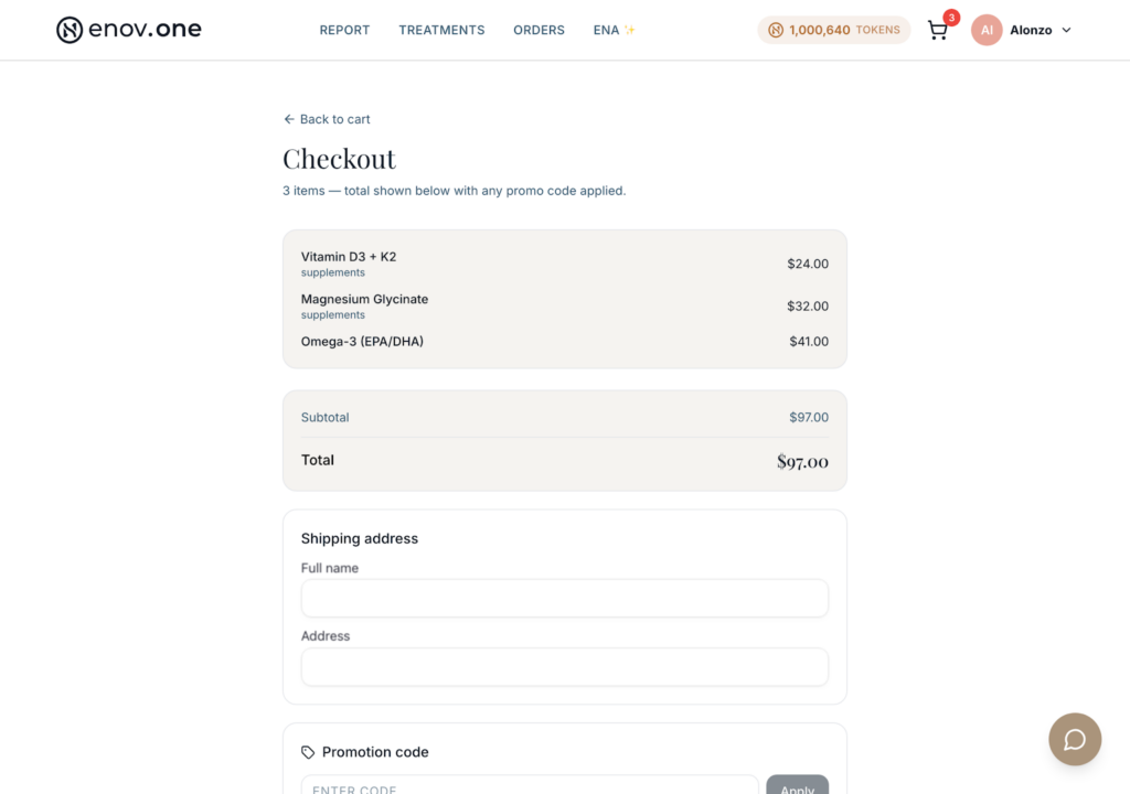Adding recommendations to your cart and checking out — Enovone patient app screenshot 4