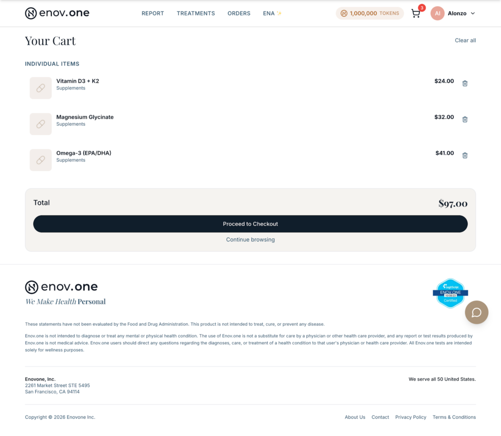 Adding recommendations to your cart and checking out — Enovone patient app screenshot 6